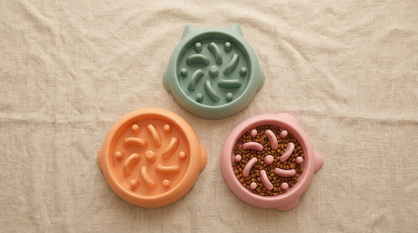 Three slow feeder bowls in sage, clay and blush on linen