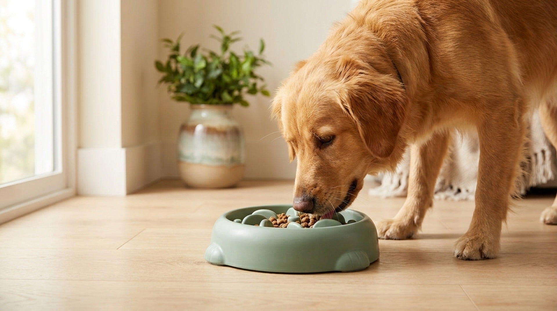 A golden retriever eating from a sage slow feeder bowl in a sunlit kitchen